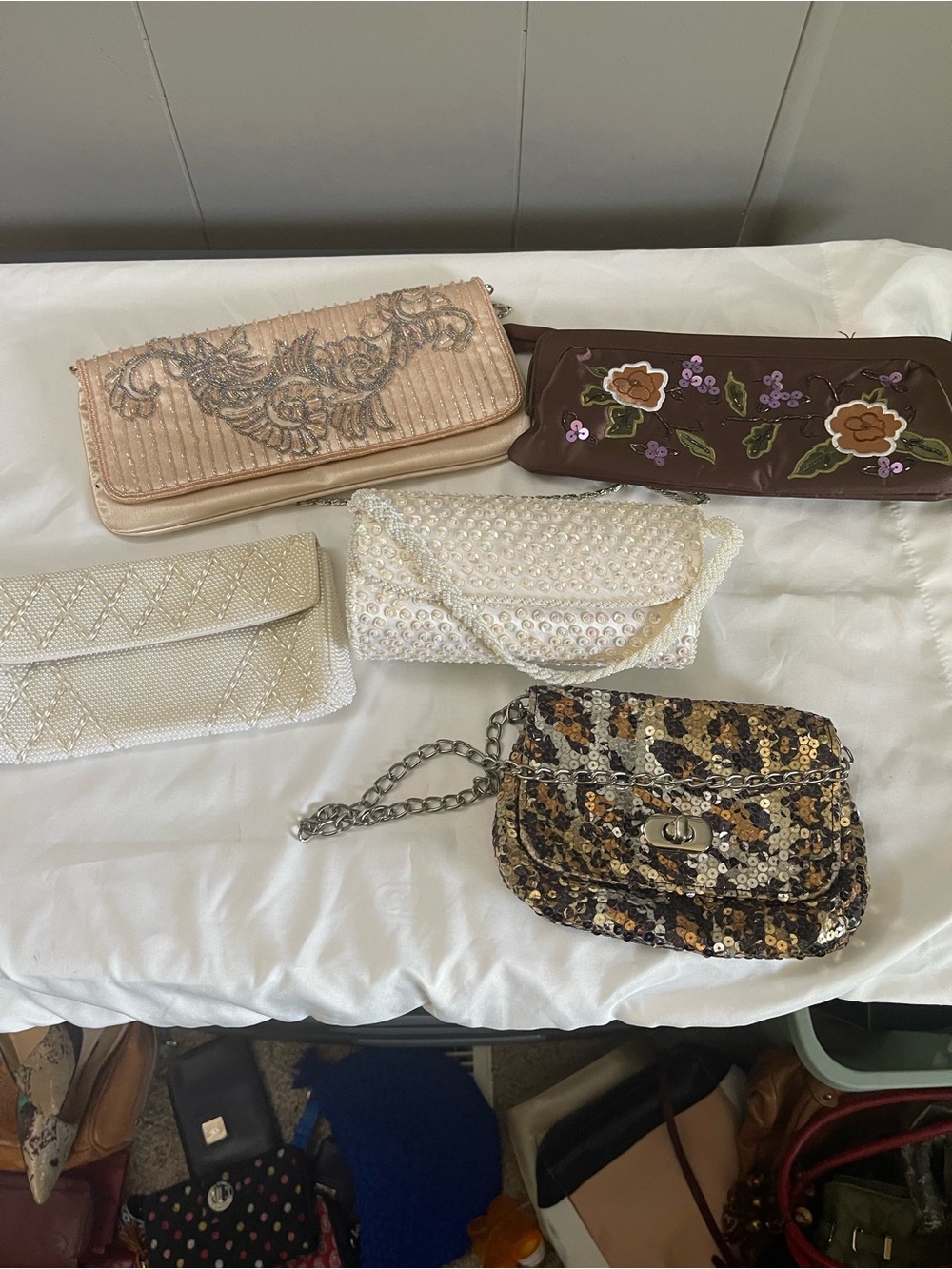 Lot of 5 Vintage beaded and sequined clutch purses, unused, good condition